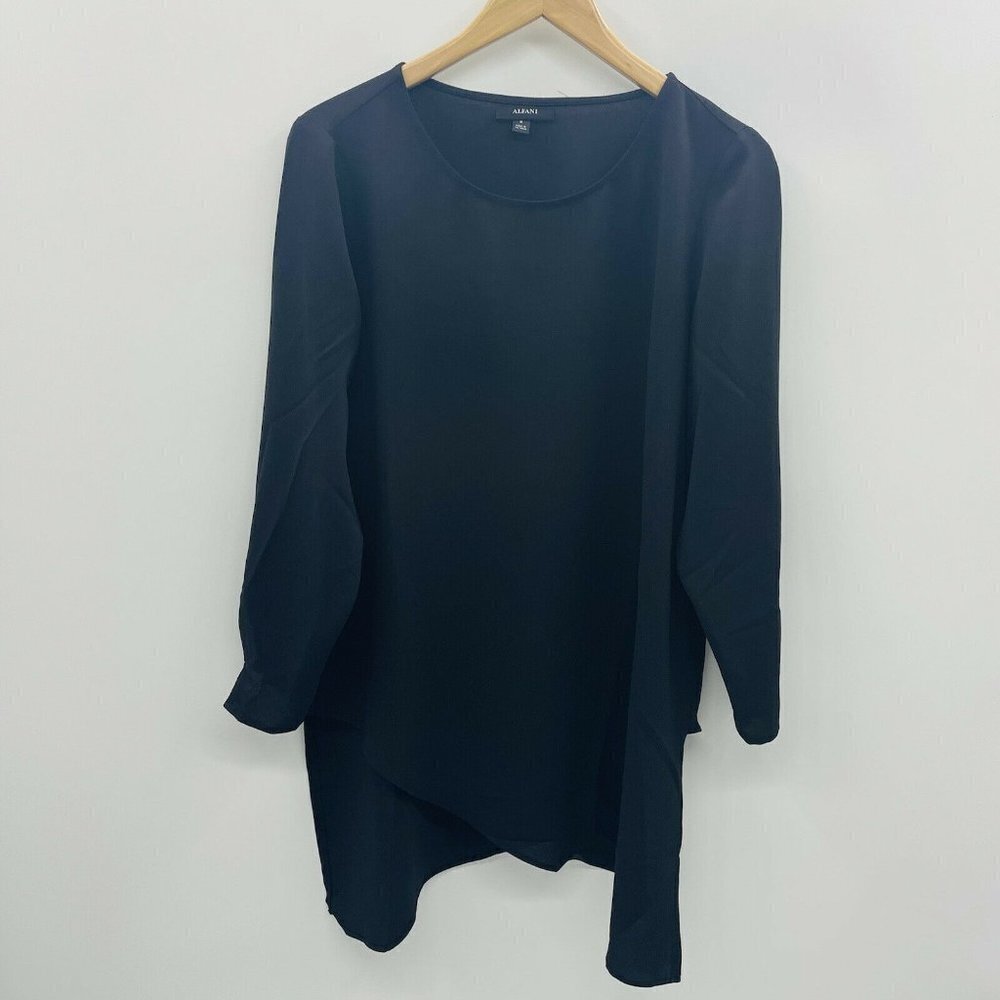 Alfani Womens Size Medium Long Sleeve Tunic Blouse with Ring‎ Detail Black 1297